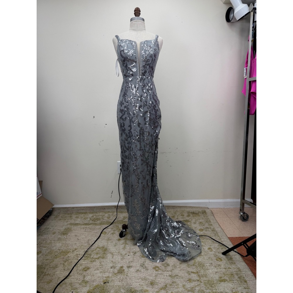Elegant Dress Sequin Gown Womens 4 Gray Silver Floral Formal Prom Maxi Slit NWT
